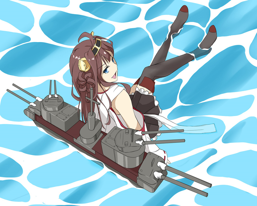 1girl ahoge black_legwear black_skirt blue_eyes boots cannons danny1128 detached_sleeves frilled_skirt frills from_above hair_bun in_water kantai_collection kongou_(kantai_collection) lace-trimmed_sleeves long_hair looking_at_viewer open_mouth sitting skirt solo thigh-highs thigh_boots very_long_hair zettai_ryouiki