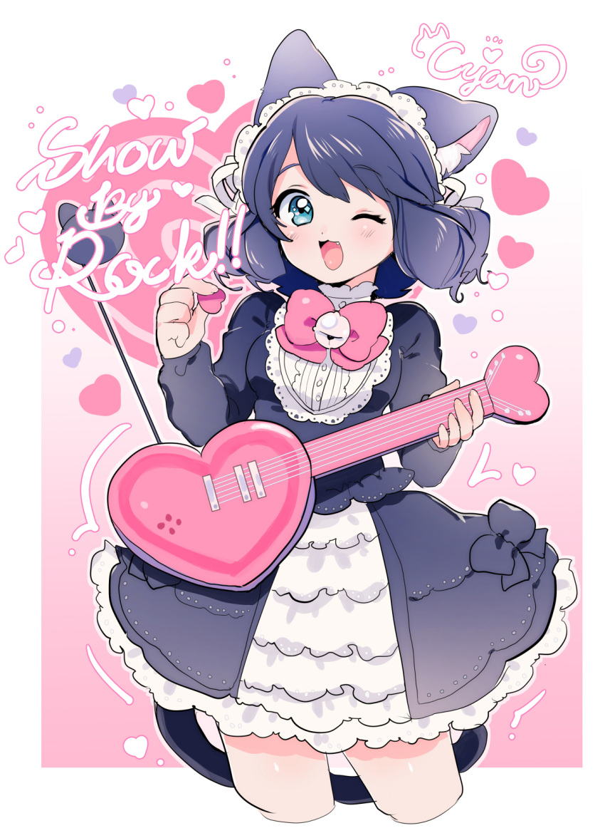 1girl ;d animal_ears bell blue_eyes blue_hair cat_ears cat_tail character_name collar curly_hair cyan_(show_by_rock!!) dress frilled_dress frills guitar headband heart highres instrument miyako_(xxxbibit) one_eye_closed open_mouth ribbon short_hair show_by_rock!! smile solo tail