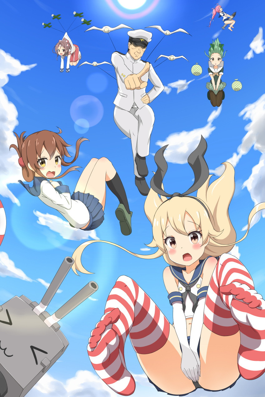 &gt;_&lt; 1boy 5girls :3 absurdres admiral_(kantai_collection) airplane bare_shoulders bird black_legwear blonde_hair blue_skirt blue_sky blush bow brown_eyes brown_hair cantaloupe covering covering_crotch crop_top crossed_legs elbow_gloves falling folded_ponytail food fruit gloves green_hair green_skirt hair_bow hairband hat hat_over_eyes high_ponytail highres i-19_(kantai_collection) inazuma_(kantai_collection) japanese_clothes kantai_collection kneehighs lens_flare loafers long_hair long_sleeves looking_at_viewer microskirt midriff military military_uniform multiple_girls naval_uniform neckerchief nedia_r open_mouth pantyhose peaked_cap pleated_skirt pointing pointing_at_viewer ponytail redhead rensouhou-chan sailor_collar school_swimsuit school_uniform seagull serafuku shimakaze_(kantai_collection) shoes skirt skirt_tug sky striped striped_legwear swimsuit swimsuit_under_clothes thigh-highs torpedo uniform wavy_mouth white_gloves yuubari_(kantai_collection) zuihou_(kantai_collection)