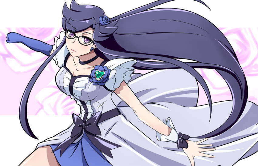 1girl black-framed_glasses black_bow blue_rose bow choker color_connection cosplay cure_moonlight cure_moonlight_(cosplay) davi_(dokidoki!_precure) db_(dokidoki!_precure) dokidoki!_precure expressionless flower glasses gudon_(iukhzl) hair_flower hair_ornament heartcatch_precure! long_hair magical_girl precure purple_hair rose single_elbow_glove solo violet_eyes wrist_cuffs