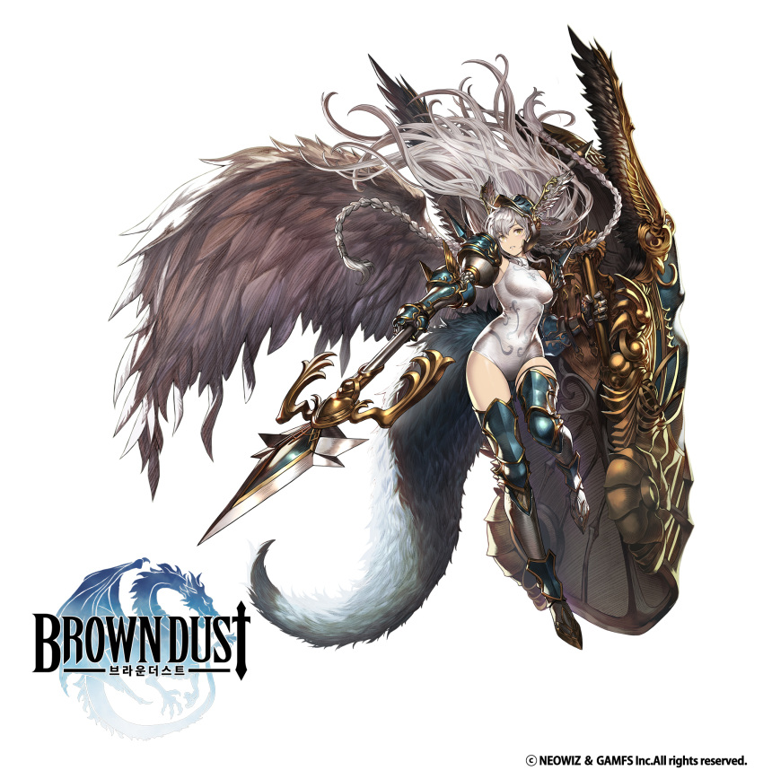 1girl armor armored_boots bangs bare_shoulders blush boots braid breasts brown_dust copyright_name covered_navel eyebrows_visible_through_hair feathered_wings floating_hair full_body gauntlets hair_ornament hair_tubes helmet highres holding holding_spear holding_weapon ing9 knee_pads leg_up legs_apart leotard long_hair looking_at_viewer medium_breasts one_leg_raised parted_lips partisan pauldrons polearm print_leotard shield silver_hair simple_background skin_tight skindentation sleeveless solo spear spikes standing standing_on_one_leg tail teeth thigh_strap turtleneck twin_braids weapon white_background white_leotard white_wings wings yellow_eyes