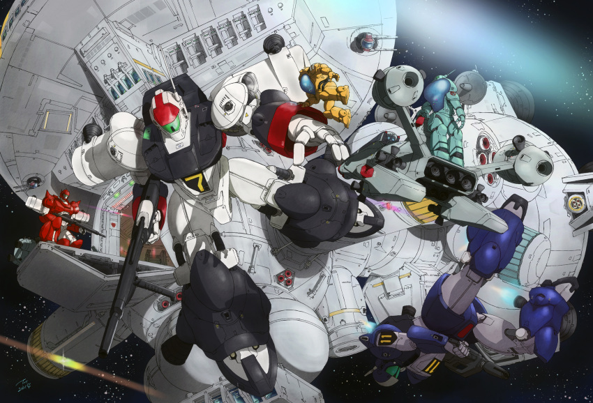 80s antennae armor beam_rifle energy_gun energy_weapon ginga_hyouryuu_vifam highres kujira_gunsou mecha neofam oldschool power_armor science_fiction signature space space_craft spacesuit star_(sky) tagme torunfam turret vifam weapon zero_gravity