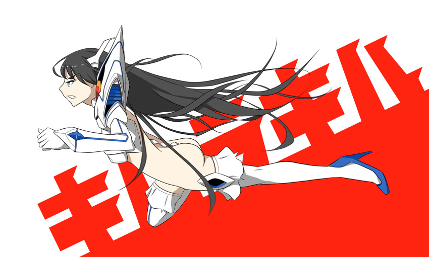 1girl action ass black_hair blue_eyes boots copyright_name danny1128 dashing from_side gloves hair_blowing high_heel_boots high_heels junketsu kill_la_kill kiryuuin_satsuki legs long_hair midriff simple_background solo_focus two-tone_background very_long_hair white_gloves