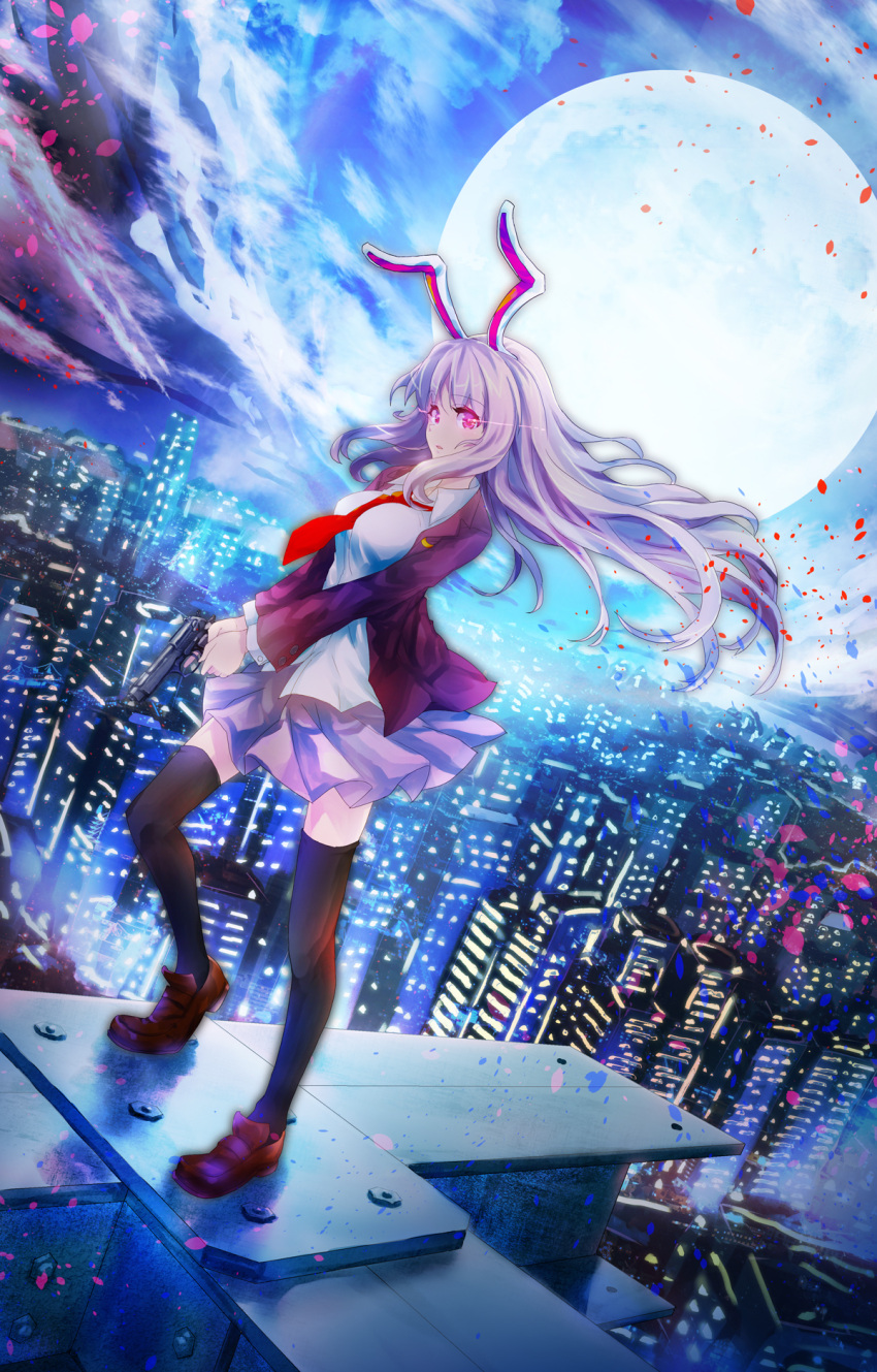 1girl animal_ears black_legwear blazer breasts city_lights cityscape clouds full_moon gun handgun highres k2pudding large_breasts light_trail long_hair looking_at_viewer moon neckerchief night open_blazer open_clothes petals pink_eyes pleated_skirt rabbit_ears reisen_udongein_inaba shirt silver_hair skirt sky solo thigh-highs touhou v_arms very_long_hair weapon wind zettai_ryouiki