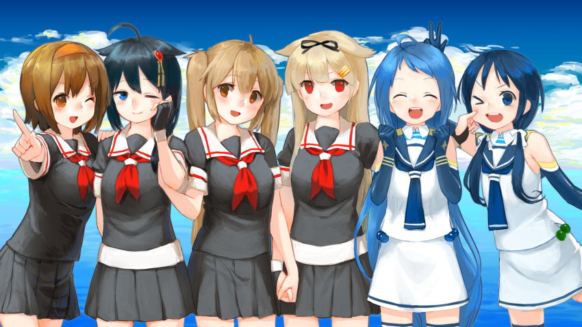 6+girls black_hair blonde_hair blue_eyes blue_gloves blue_hair blue_sky brown_eyes brown_hair chagen_kokimu closed_eyes clouds elbow_gloves fingerless_gloves gloves hair_ribbon highres kantai_collection low_twintails multiple_girls murasame_(kantai_collection) neckerchief one_eye_closed open_mouth puffy_short_sleeves puffy_sleeves red_eyes ribbon samidare_(kantai_collection) school_uniform serafuku shigure_(kantai_collection) shirt short_sleeves skirt sky sleeveless sleeveless_shirt smile suzukaze_(kantai_collection) twintails yuudachi_(kantai_collection)