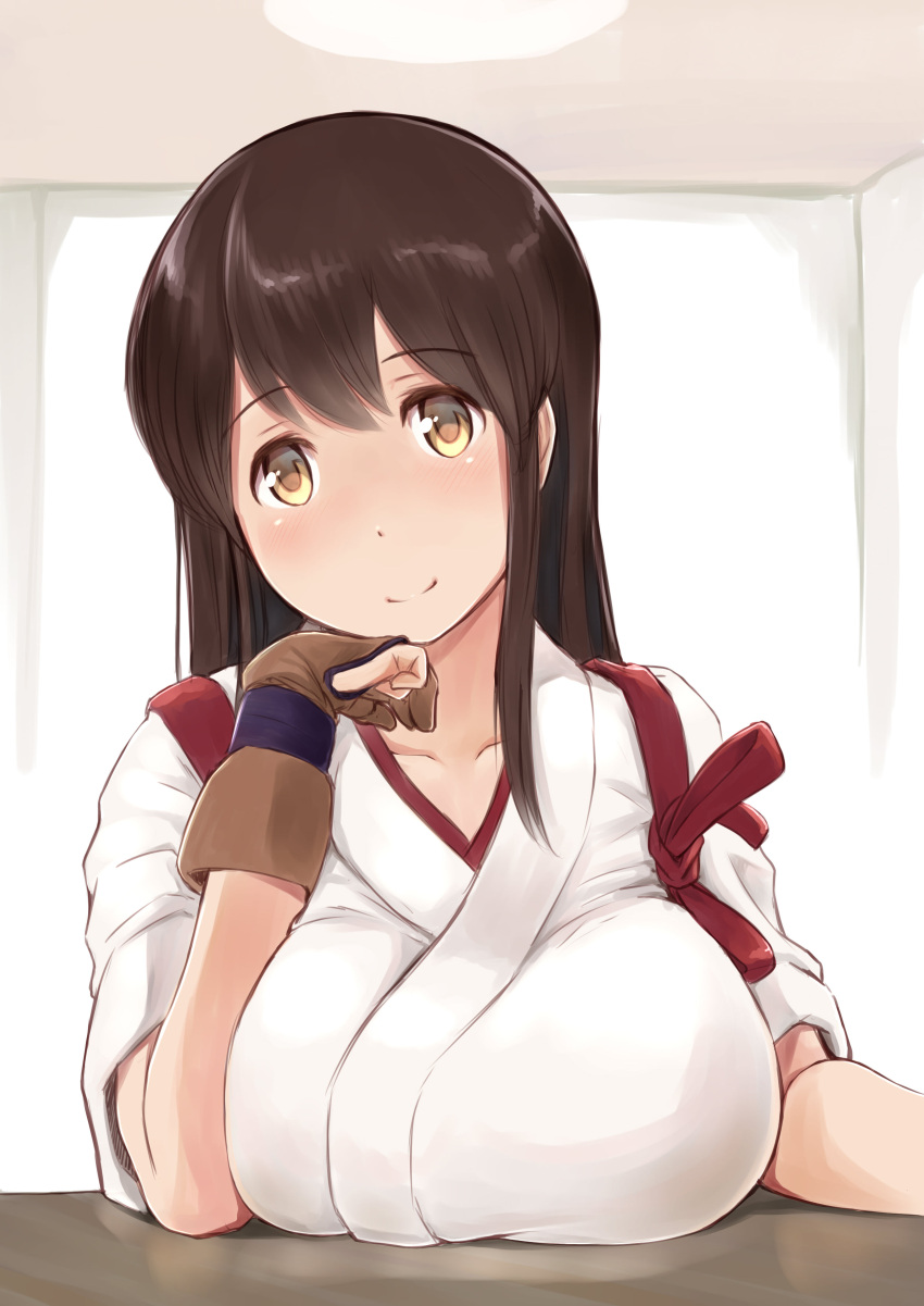 1girl absurdres akagi_(kantai_collection) blush breasts brown_eyes brown_hair fingerless_gloves gloves highres japanese_clothes kantai_collection large_breasts long_hair smile solo wa_(genryusui)