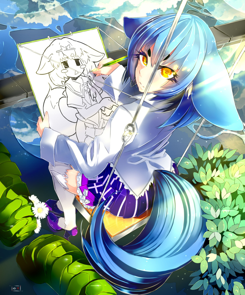 1girl animal_ears artist blue_hair highres looking_at_viewer original oxykoma solo tail yellow_eyes