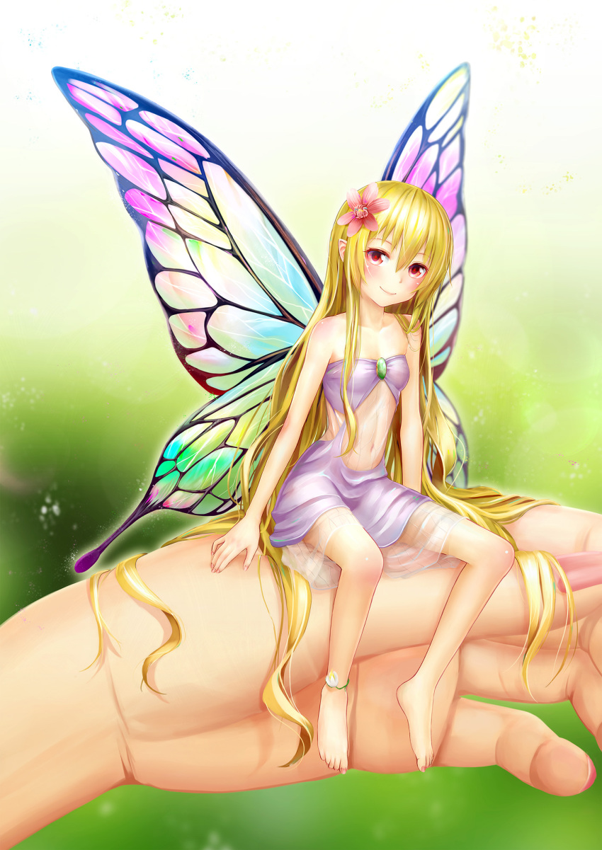 1girl anklet bare_shoulders barefoot blonde_hair blush brooch butterfly_wings dress fairy flower hair_flower hair_ornament hands highres jewelry legs long_hair nail_polish navel original out_of_frame pointy_ears red_eyes sitting smile solo toenail_polish wings