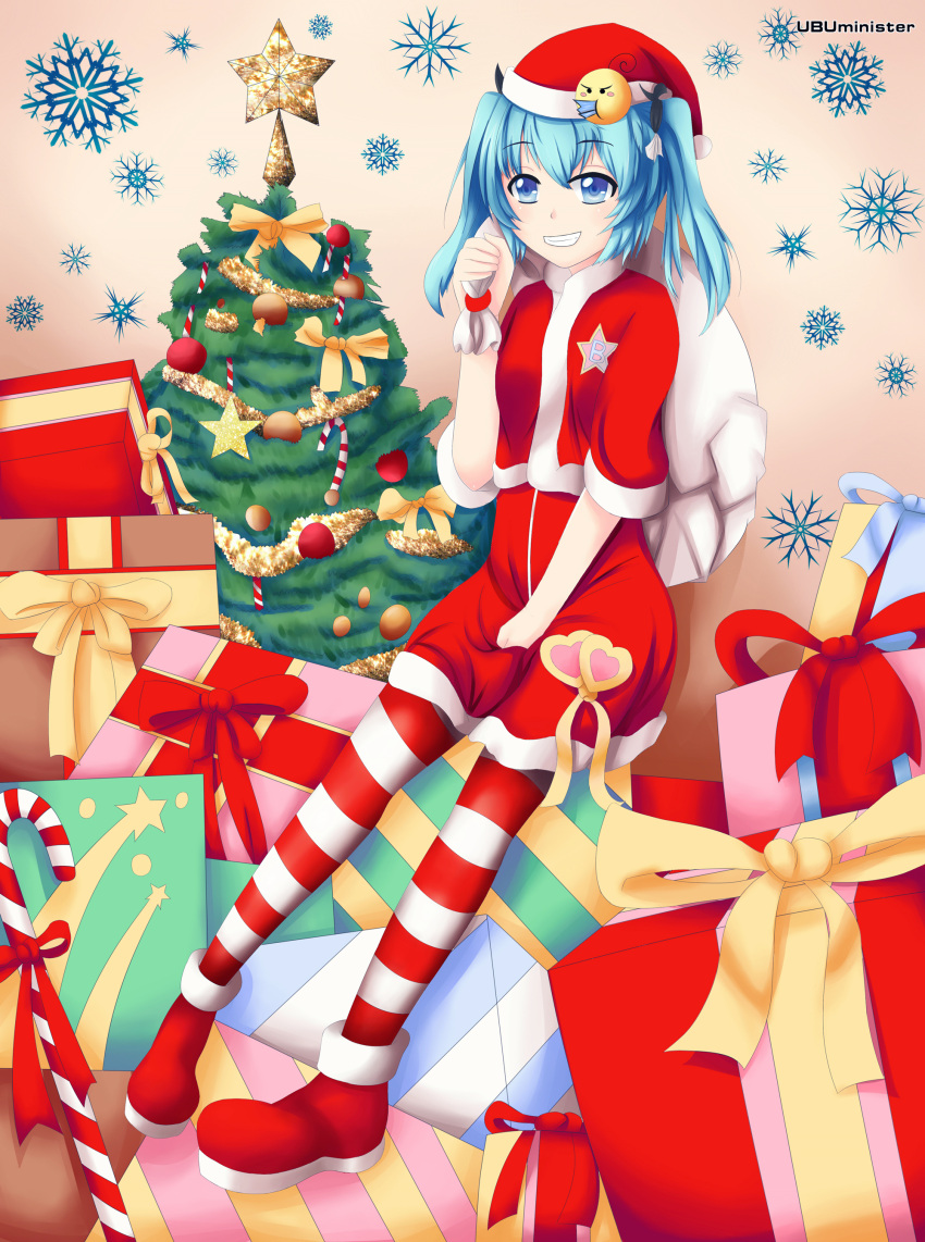 1girl absurdres artist_name b8_girl bilibili_douga blue_eyes blue_hair box christmas christmas_tree gift gift_box grin hat highres pantyhose sack santa_costume santa_hat signature sitiing smile solo star striped striped_legwear twintails ubuminister