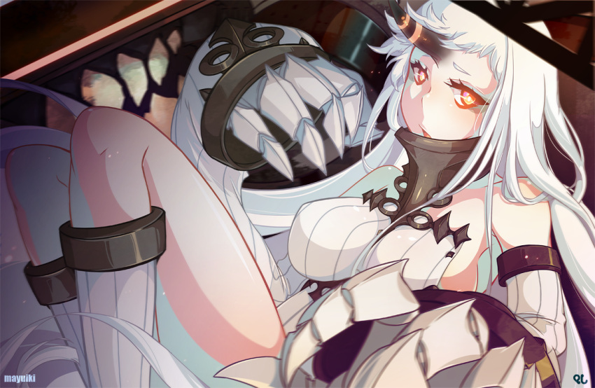 1girl artist_name bare_shoulders boots breasts claws detached_sleeves dress horn kantai_collection large_breasts long_hair looking_at_viewer muki_(mayuiki) pale_skin ribbed_dress ribbed_sweater seaport_hime shinkaisei-kan sideboob solo sweater sweater_dress very_long_hair white_boots white_hair
