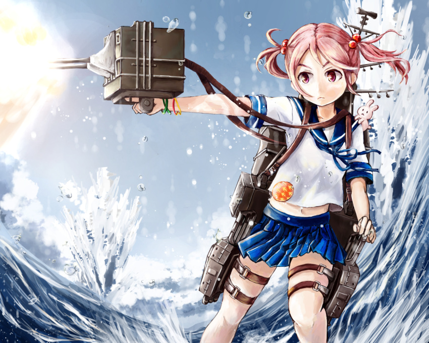 &gt;:( 1girl aiming badge bracelet breasts cannon cowboy_shot droplet firing hair_bobbles hair_ornament jewelry kantai_collection looking_at_another looking_to_the_side machinery mecha_musume midriff miniskirt navel ni_konasu ocean outstretched_arm pink_eyes pink_hair pleated_skirt sazanami_(kantai_collection) school_uniform serafuku short_hair short_sleeves short_twintails skirt solo splashing turret twintails waves