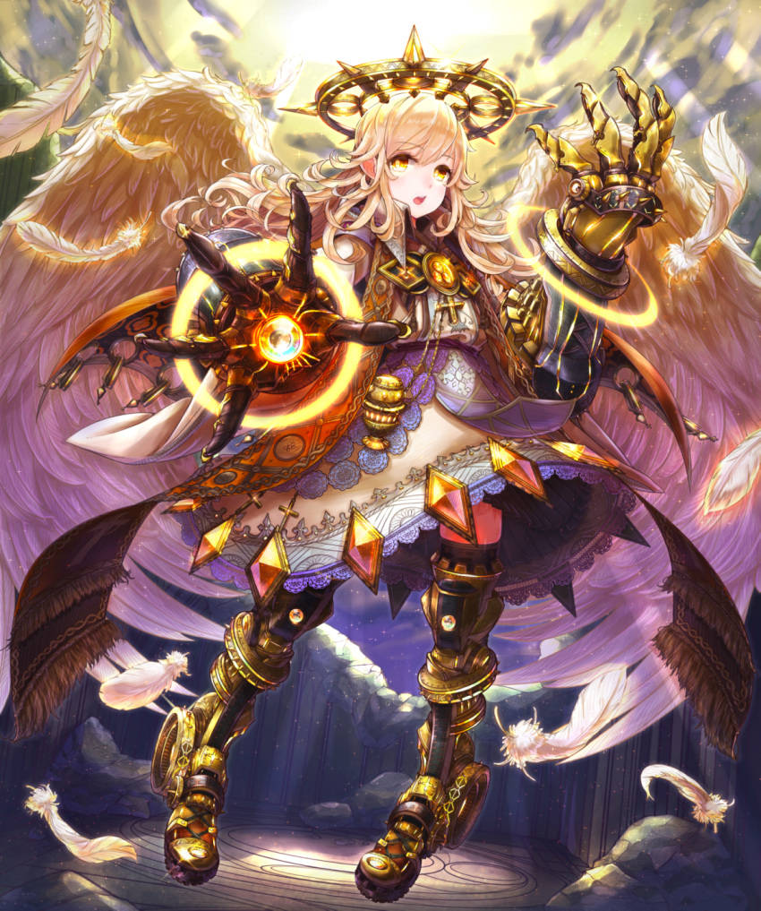 1girl :o angel angel_wings chain_chronicle curly_hair feathered_wings feathers gauntlets highres light_rays long_hair looking_at_viewer mechanical_halo mechanical_wings original scarf steampunk toshi_gahara wings yellow_eyes