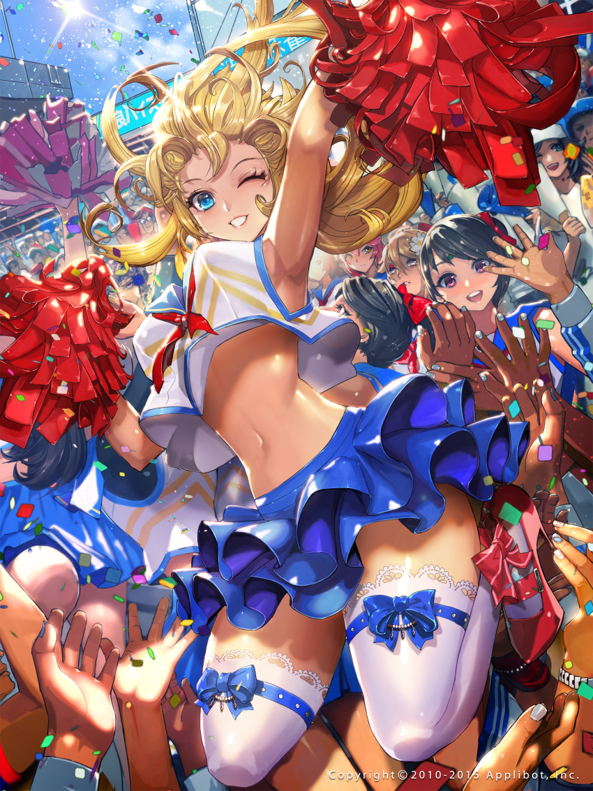 arm_up armpits black_hair blonde_hair blue_eyes cheerleader confetti crowd female furyou_michi_~gang_road~ grin high_heels highres jumping lace lace-trimmed_thighhighs long_hair looking_at_viewer male midriff multiple_boys multiple_girls navel one_eye_closed pom_poms short_hair skirt sky smile solo_focus thigh-highs violet_eyes wally waving where's_wally white_legwear xaxak zettai_ryouiki
