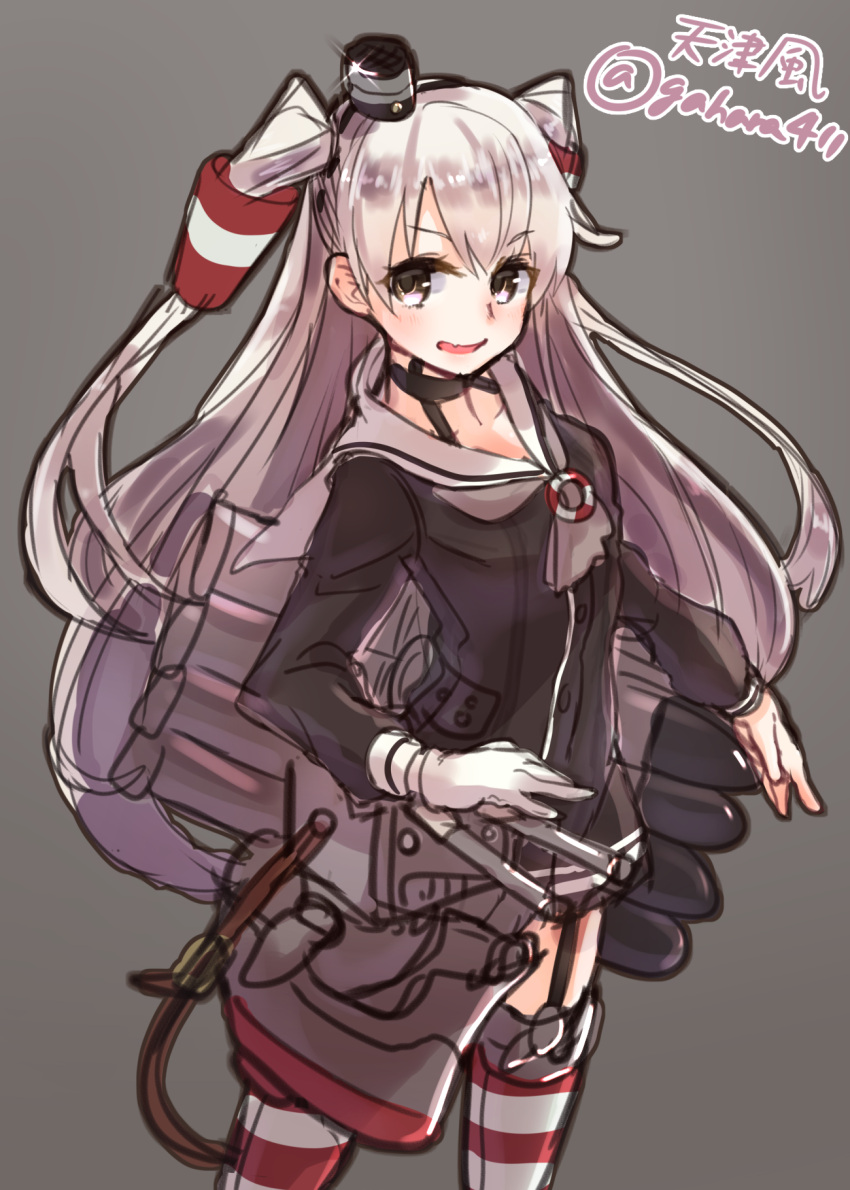 1girl amatsukaze_(kantai_collection) brown_eyes garter_straps gloves hat highres kantai_collection long_hair looking_at_viewer mini_top_hat open_mouth sailor_dress silver_hair solo striped striped_legwear suspenders thigh-highs top_hat toshi_gahara twitter_username two_side_up white_gloves