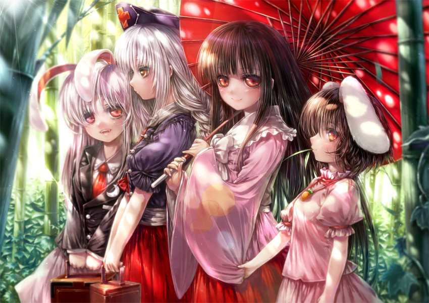 4girls animal_ears bamboo bamboo_forest black_hair blazer bow brown_eyes carrot dress forest hat houraisan_kaguya inaba_tewi jewelry long_hair long_sleeves looking_at_viewer misaki_(kyal_001) multiple_girls nature necklace necktie nurse_cap open_mouth parasol pendant pink_dress puffy_short_sleeves puffy_sleeves purple_hair rabbit_ears red_eyes reisen_udongein_inaba shirt short_sleeves silver_hair skirt sleeve_tug smile suitcase touhou umbrella very_long_hair wide_sleeves yagokoro_eirin yellow_eyes