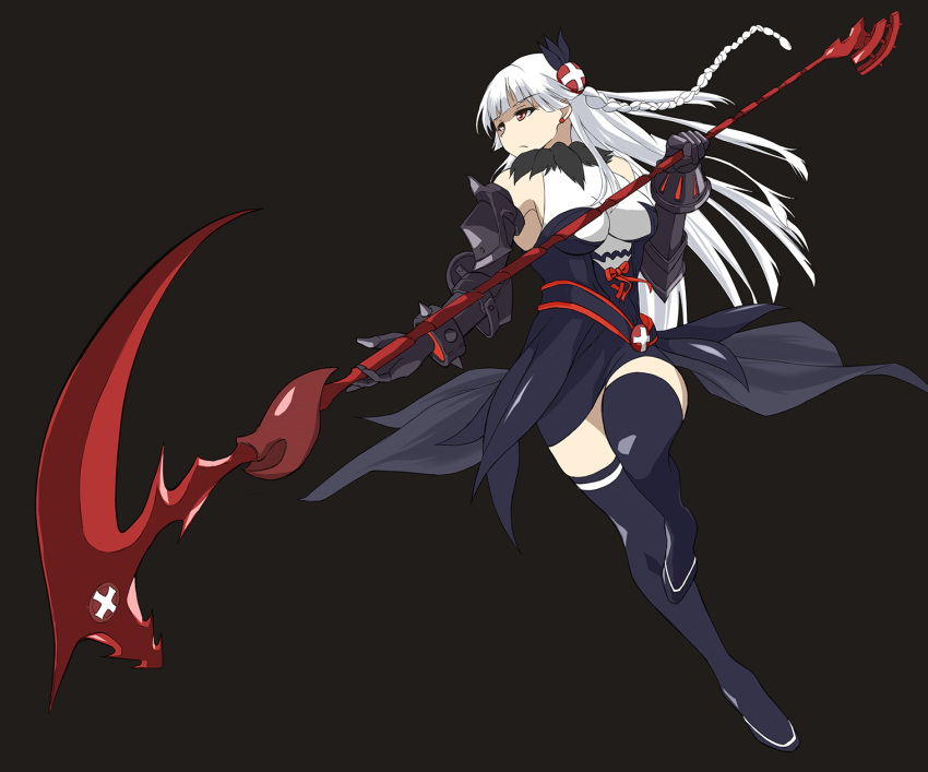 1girl bangs black_background black_valkyrie_(p&amp;d) blue_legwear blunt_bangs bow braid brown_eyes cross danny1128 earrings full_body gauntlets gloves highres jewelry leg_up long_hair looking_to_the_side puzzle_&amp;_dragons red_bow simple_background solo spiked_gloves thigh-highs vambraces very_long_hair white_hair zettai_ryouiki
