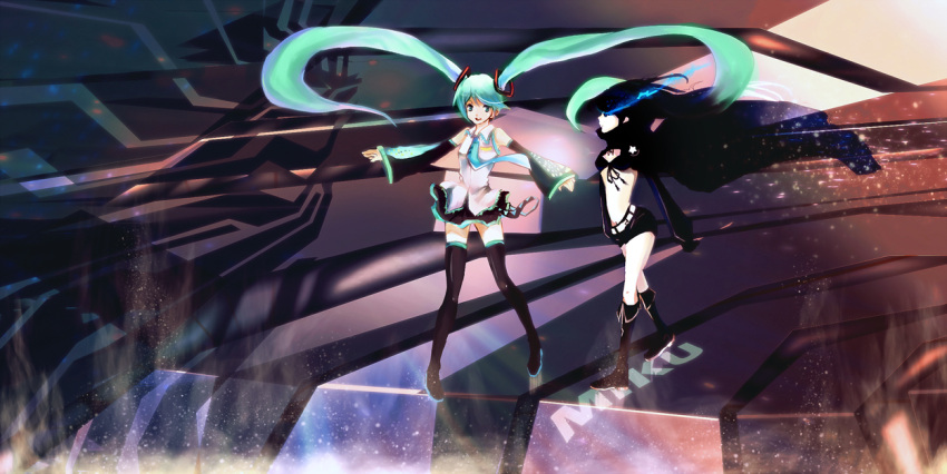 aqua_hair bad_id bikini_top black_hair black_rock_shooter black_rock_shooter_(character) detached_sleeves glowing glowing_eyes hatsune_miku kio_sayuki legs long_hair necktie shorts skirt thigh-highs thighhighs twintails very_long_hair vocaloid zettai_ryouiki