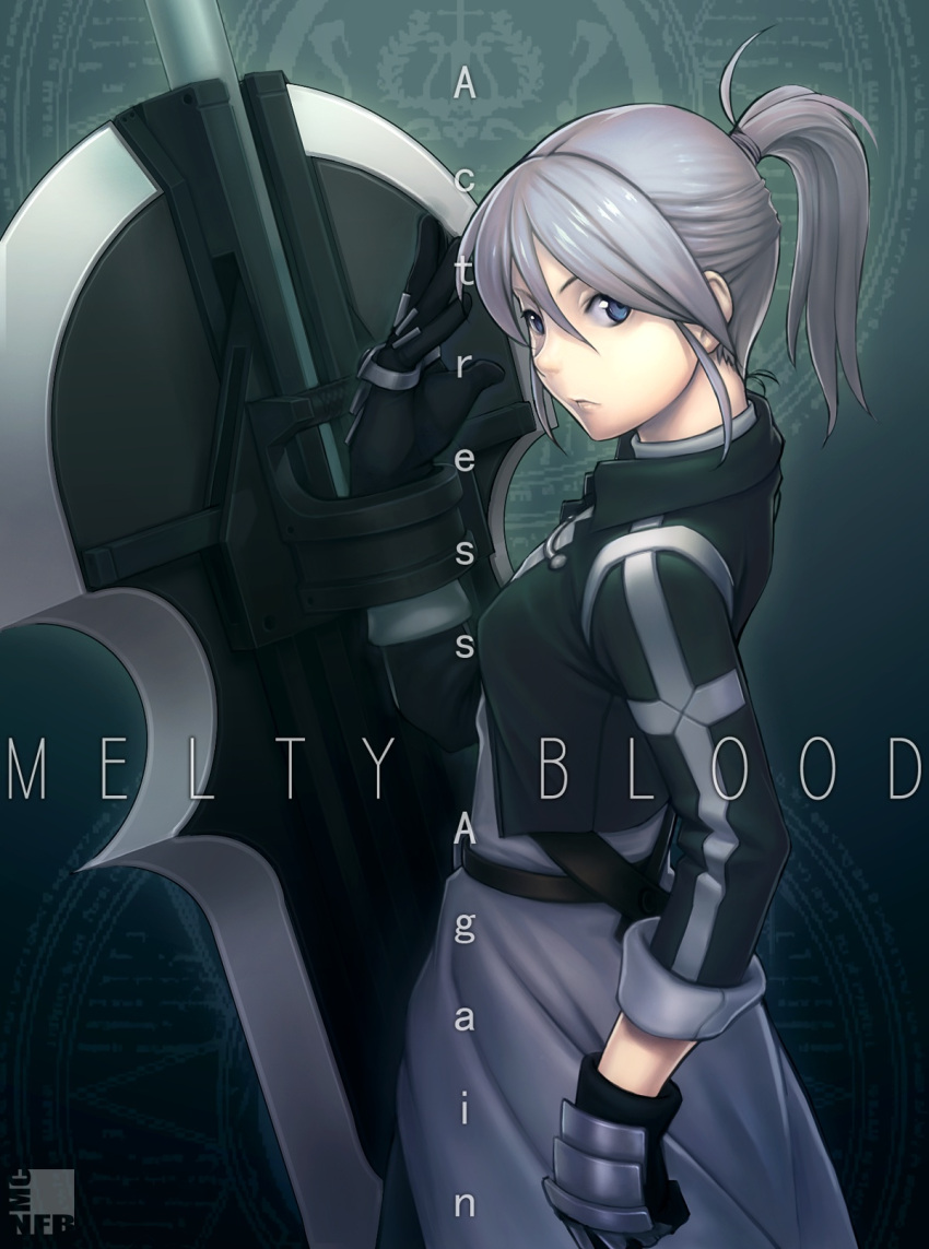 blue_eyes gloves highres huge_weapon lips looking_back melty_blood nfb-zmc nose pile_bunker ponytail riesbyfe_stridberg shield silver_hair solo true_apocrypha tsukihime weapon
