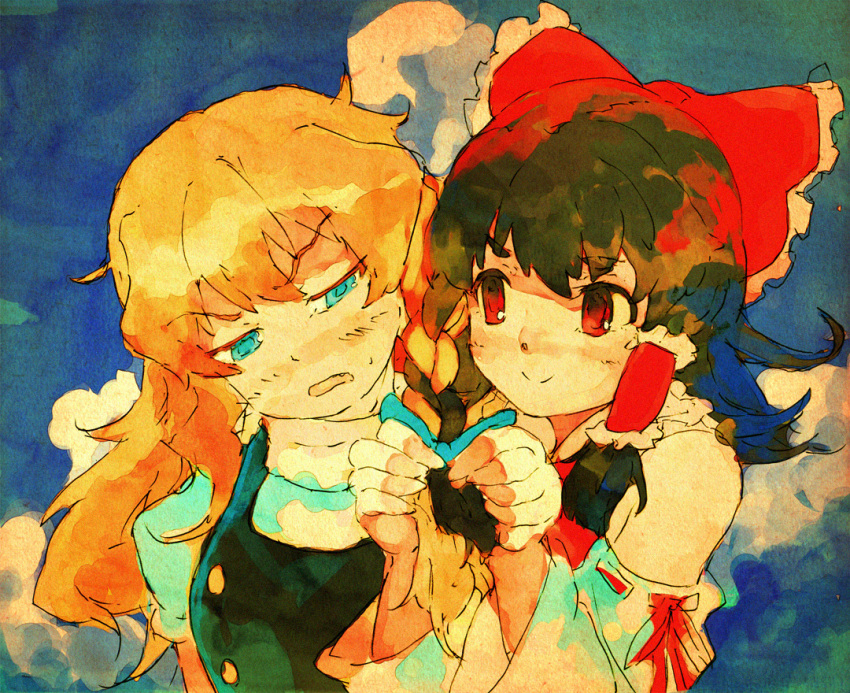 blonde_hair blue_eyes blush braid brown_hair fang hair_ribbon hakurei_reimu hands kirisame_marisa kitano_yuusuke long_hair multiple_girls red_eyes ribbon smile touhou traditional_media yuri