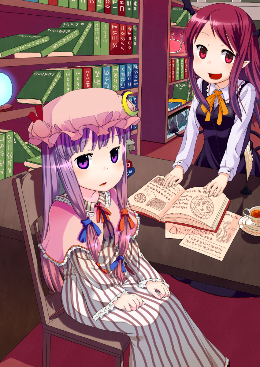 book cup demon_tail hat head_wings headwings hexagram highres koakuma library long_hair looking_at_viewer magic_circle muku-coffee open_book open_mouth patchouli_knowledge pointy_ears purple_eyes purple_hair red_eyes red_hair redhead robe runes sitting smile striped tail tea teacup touhou violet_eyes voile wings