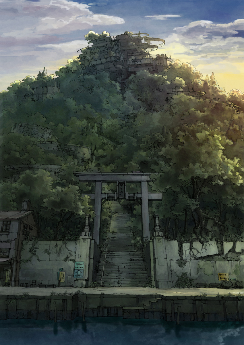 gate highres k_kanehira landscape road scenery sky torii tree
