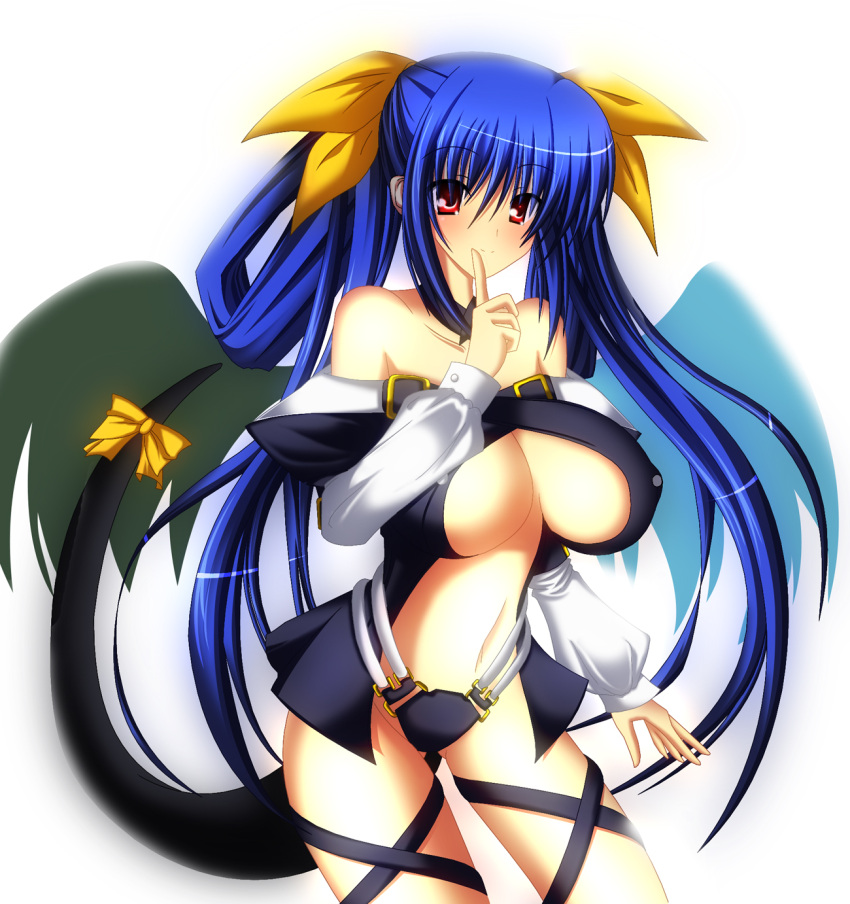 blue_hair blush bow breasts choker chubame cleavage dizzy finger_to_mouth guilty_gear hair_bow highres large_breasts long_hair midriff red_eyes ribbon tail tail_ribbon twintails underboob wings
