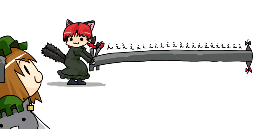 :d aka_(red_shine) animal_ears braid brown_hair cat_ears cat_tail chen chen_(cat) dual_persona earrings gap hair_ribbon hat highres jewelry kaenbyou_rin longcat multiple_tails open_mouth red_hair redhead ribbon seki_(red_shine) short_hair smile tail time_paradox touhou twin_braids twintails