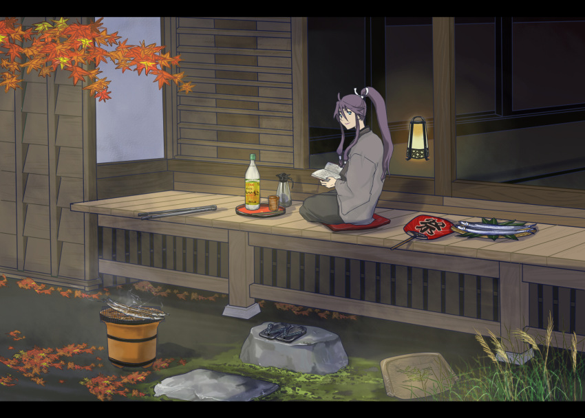 architecture blue_eyes book bottle building cooking fan fish goblet grill hair_ribbon highres kamui_gakupo katagiri lamp leaf leaves long_hair looking_back male ponytail porch purple_hair reading ribbon seiza shichirin sitting smile solo vocaloid