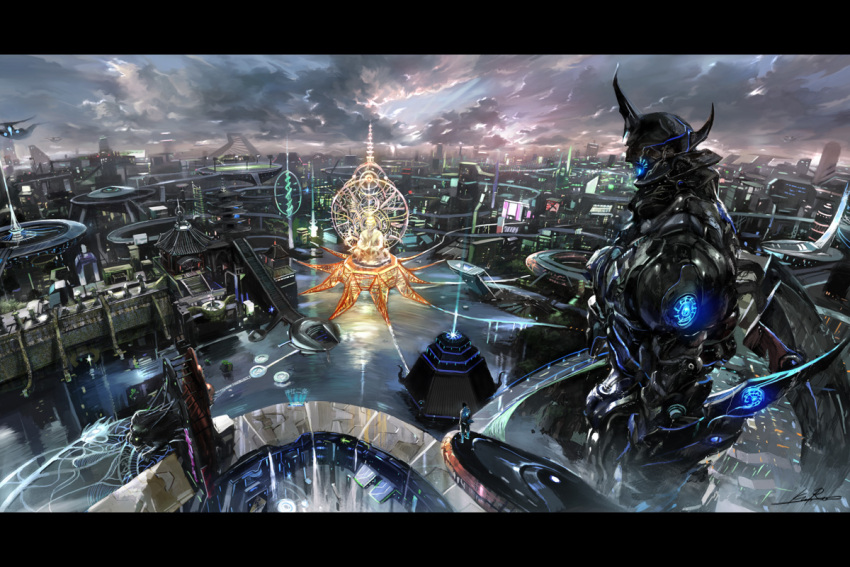 buddha city cityscape letterboxed mecha original robot scenery science_fiction scifi sky yap_kun_rong