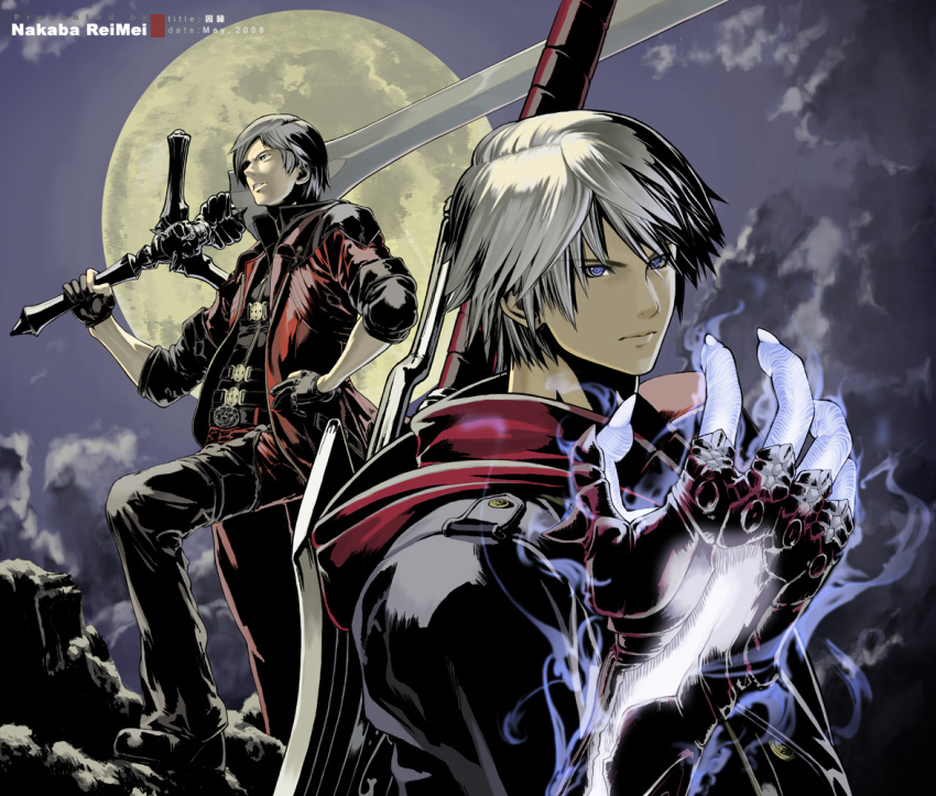 dante devil_bringer devil_may_cry error foreshortening gloves hands male moon nakaba_reimei nero_(devil_may_cry) rebellion_(sword) red_queen_(sword) silver_hair sword weapon
