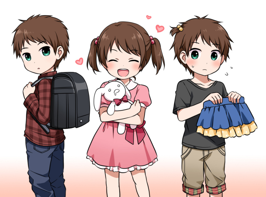 3boys backpack bag blush brown_hair child closed_eyes commentary crossdressinging dress drooling green_eyes heart holding_skirt idolmaster idolmaster_side-m male_focus mizushima_saki multiple_boys open_mouth otoko_no_ko progression ringo_yuyu shirt short_twintails skirt smile stuffed_animal stuffed_bunny stuffed_toy twintails younger