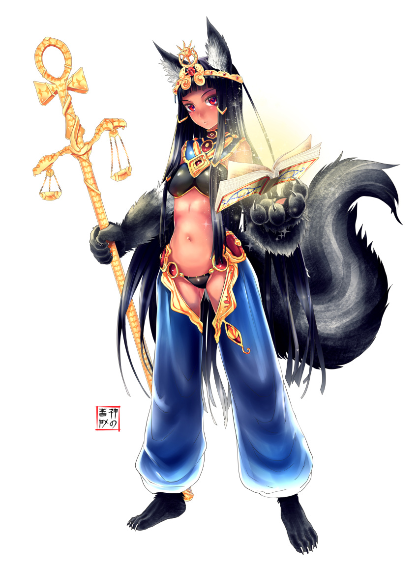 1girl absurdres animal_ears ankh anubis_(monster_girl_encyclopedia) bangs black_hair black_panties blunt_bangs book claws dark_skin dog_ears egyptian eudetenis floating_book highres jewelry long_hair monster_girl monster_girl_encyclopedia navel open_book panties pants paws red_eyes signature small_breasts solo staff tail tiara underwear very_long_hair weighing_scale