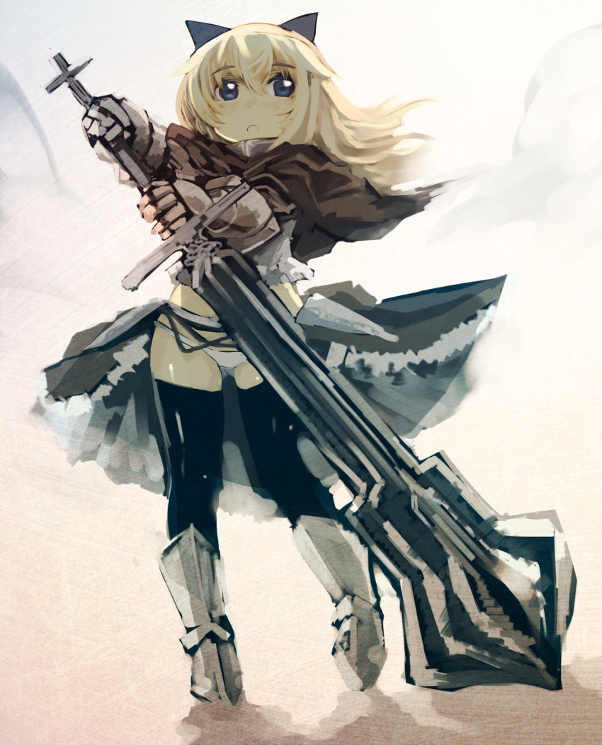 1girl animal_ears armored_boots black_legwear blonde_hair blue_eyes boots capelet cat_ears cat_tail gauntlets helma_lennartz highres huge_weapon izuoku long_hair looking_away open_mouth panties solo strike_witches sword tail thigh-highs underwear weapon white_panties