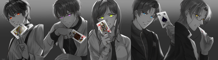 1girl 4boys :d absurdres artem_wing_(tears_of_themis) bangs black_jacket black_necktie blue_eyes brown_eyes card closed_mouth formal glasses glowing glowing_eyes green_eyes grey_background grey_hair grin highres holding holding_card hyang_bok jacket jewelry long_hair long_sleeves luke_pearce_(tears_of_themis) marius_von_hagen_(tears_of_themis) multiple_boys necktie open_mouth playing_card polo_shirt ring rosa_(tears_of_themis) short_hair smile tears_of_themis teeth violet_eyes vyn_richter_(tears_of_themis) yellow_eyes