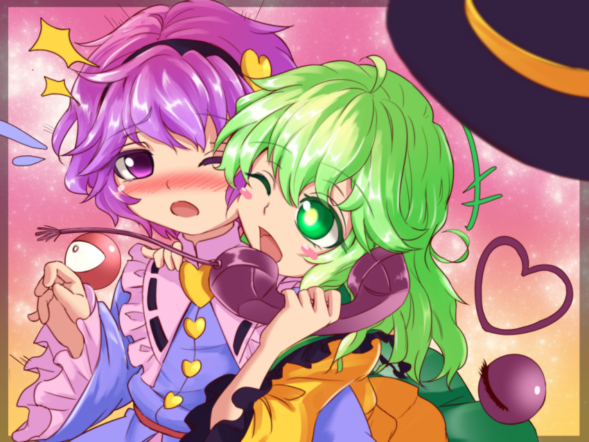+++ 2girls blouse blush blush_stickers border flying_sweatdrops frilled_sleeves frills gradient gradient_background green_eyes green_hair hand_on_another's_shoulder hat hat_removed headwear_removed heart komeiji_koishi komeiji_satori lavender_hair light_particles long_sleeves looking_at_another multiple_girls nomayo one_eye_closed open_mouth phone short_hair siblings sisters skirt surprised third_eye touhou violet_eyes wide_sleeves