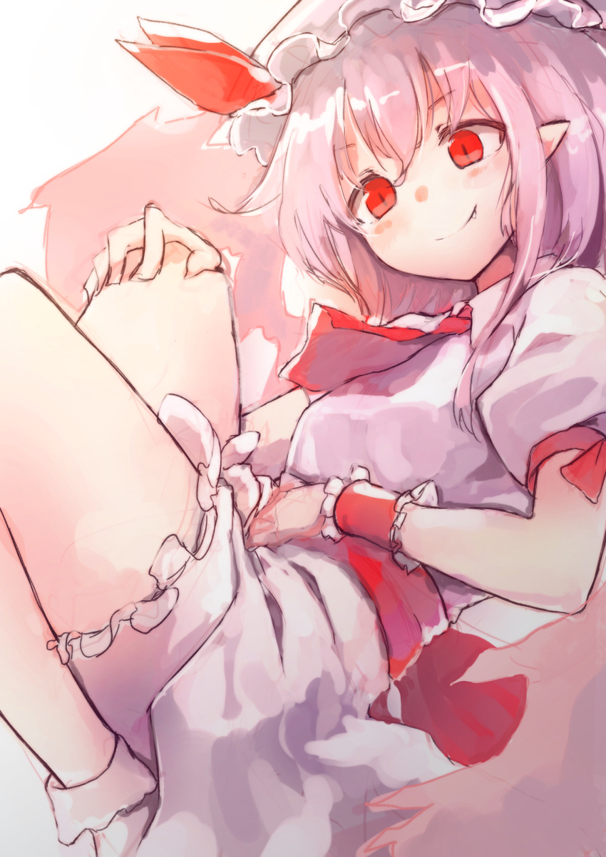 1girl ascot bloomers bow colored dress fang frills hat hat_bow highres lavender_hair looking_at_viewer looking_down miysin mob_cap pointy_ears puffy_sleeves red_eyes remilia_scarlet ribbon sash short_hair short_sleeves sketch slit_pupils smile socks solo touhou underwear white_legwear wings wrist_cuffs