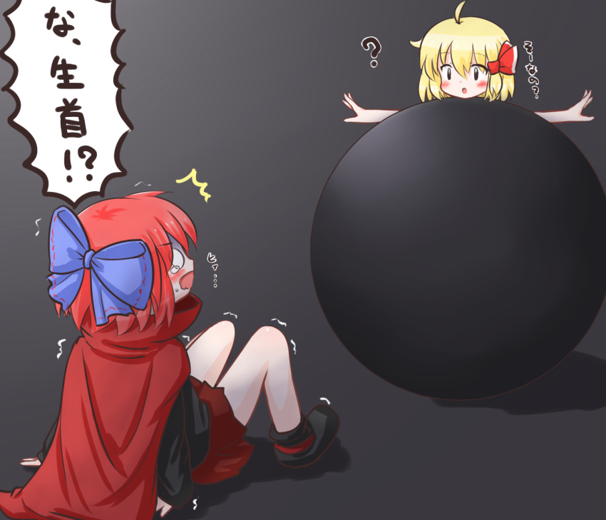 2girls ? blonde_hair bow cape darkness hair_bow highres mofu_mofu multiple_girls open_mouth outstretched_arms redhead rumia rumia_(darkness) sekibanki shirt sitting skirt tears touhou translation_request trembling