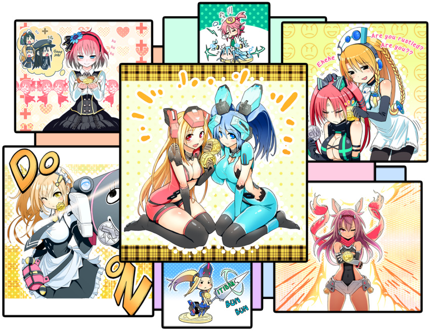 + 6+girls anger_vein animal_ears annoyed apron armor blonde_hair blue_eyes blue_hair braid brown_eyes cat_ears corona_cougar cosmic_break crimrose english flower gunbuster_pose hair_ornament heart ion_(cosmic_break) kuhl lance lazflamme lily_rain long_hair maid maid_apron maid_headdress mecha_musume medal mialy monica_gold multicolored_hair multiple_girls necktie nora_schneid pink_hair polearm polka_dot ponytail red_eyes redhead rocket_launcher rouche rubbing scarf scope short_hair shorts skin_tight sleeping smile sound_effects tagme thorns thought_bubble twintails two-tone_hair weapon winberrl yellow_eyes