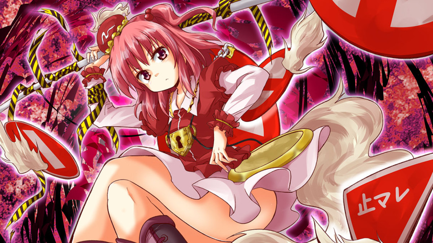 1girl crossed_legs hair_bobbles hair_ornament hat jewelry kawashiro_mitori lock looking_at_viewer nibi one_side_up padlock pendant polearm red_eyes redhead road_sign shirt short_over_long_sleeves sign sitting skirt solo touhou upskirt weapon