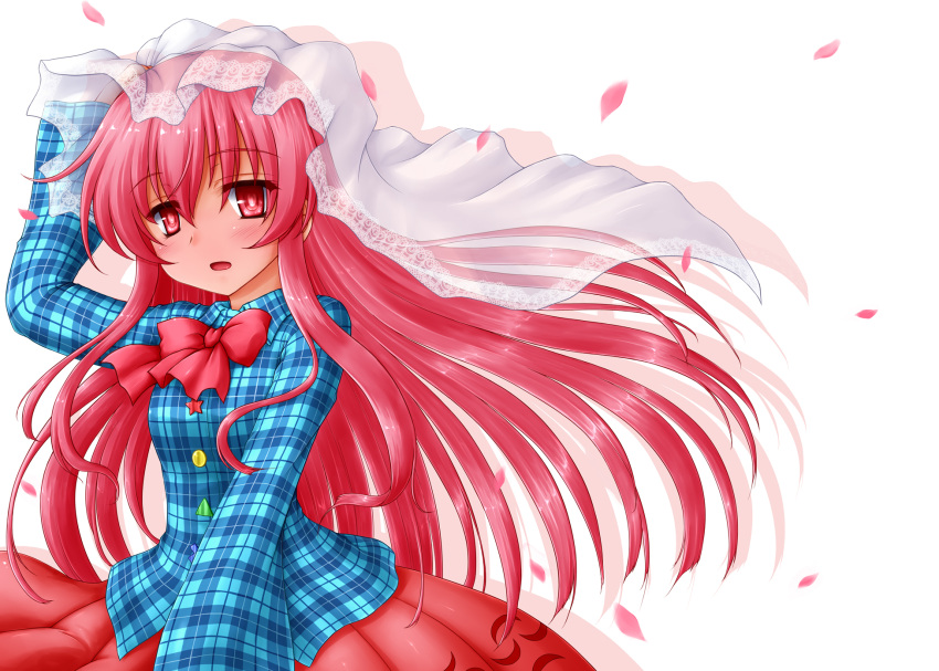 1girl blush bow bridal_veil hata_no_kokoro highres kotowari_(newtype_kenkyuujo) long_hair long_sleeves looking_at_viewer open_mouth petals plaid plaid_shirt red_eyes redhead shirt simple_background skirt solo touhou veil very_long_hair white_background