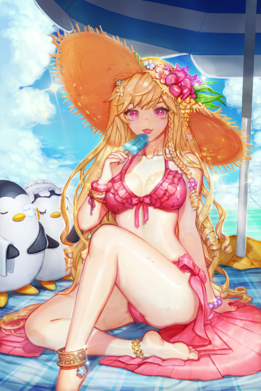 1girl :p absurdres anklet arm_support barefoot bikini bird blonde_hair braid feet flower frilled_bikini frills hat hat_flower highres jewelry legs long_hair navel penguin pink_eyes popsicle sitting skirt sky smile soles solo straw_hat swimsuit sword_girls toes tongue tongue_out umbrella wet