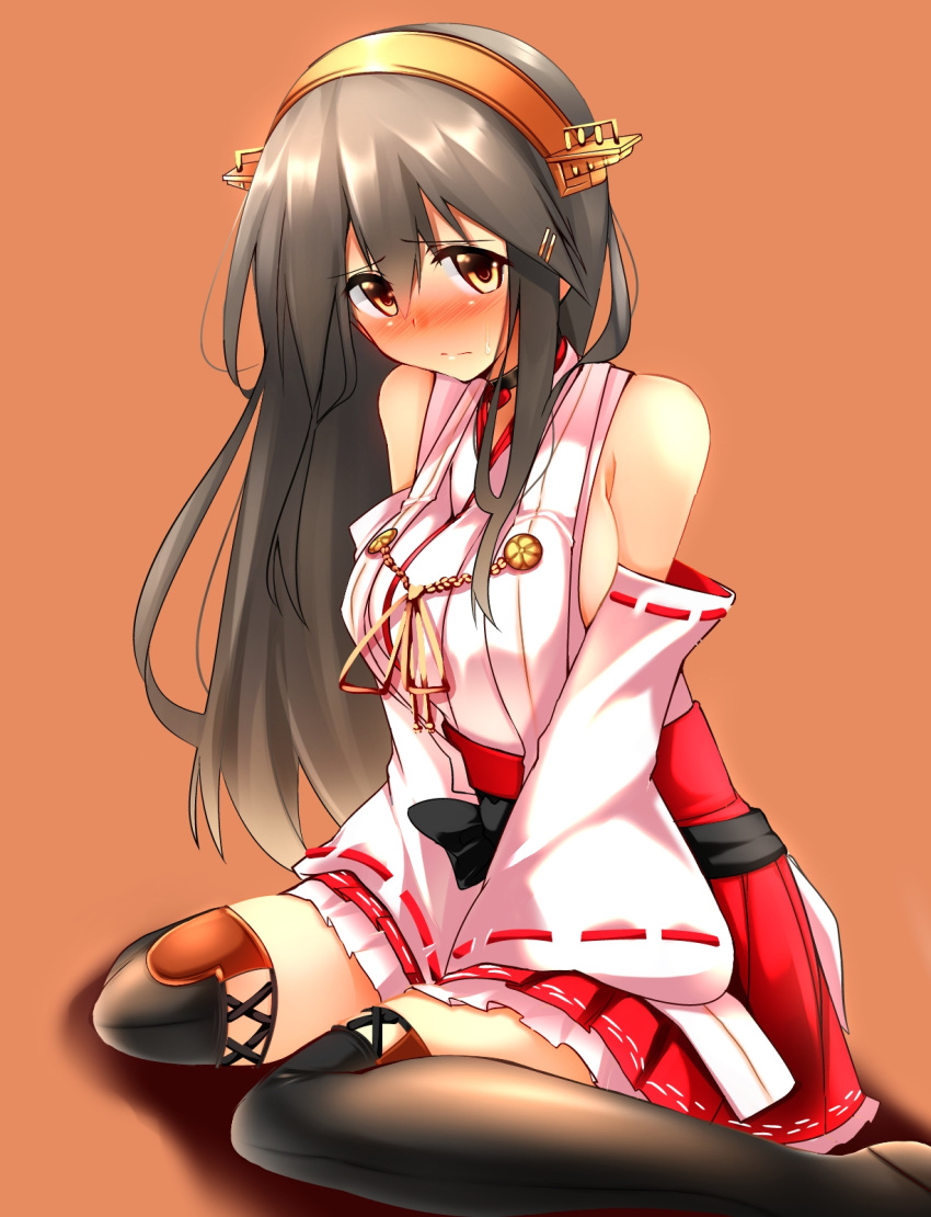 1girl bare_shoulders black_hair blush boots breasts brown_eyes hair_ornament hairband hairclip haruna_(kantai_collection) headgear highres kantai_collection large_breasts long_hair looking_at_viewer nontraditional_miko ribbon-trimmed_sleeves ribbon_trim sideboob simple_background sitting skirt solo sweatdrop thigh-highs thigh_boots tsukui_kachou v_arms wariza