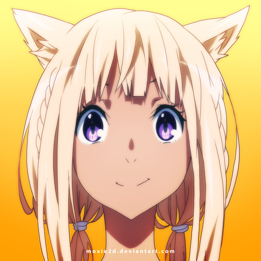 1girl absurdres animal_ears bangs blonde_hair blunt_bangs cat_ears face final_fantasy final_fantasy_xiv highres light_smile looking_at_viewer low_twintails miqo'te moxie orange_background original payot portrait smile solo tom_skender twintails violet_eyes watermark web_address