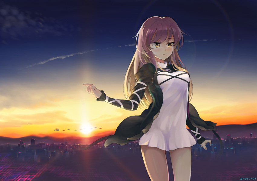 1girl adapted_costume ameyame backlighting black_coat blonde_hair blue_sky breasts city city_lights cityscape clouds coat condensation_trail dated dress floating gradient_hair hand_up highres hijiri_byakuren hokkai juliet_sleeves lens_flare light_rays long_hair long_sleeves looking_down looking_to_the_side makai_(touhou) mountain multicolored_hair puffy_sleeves purple_hair short_dress silhouette sky solo sun sunbeam sunburst sunlight sunrise thighs touhou turtleneck ufo white_dress yellow_eyes