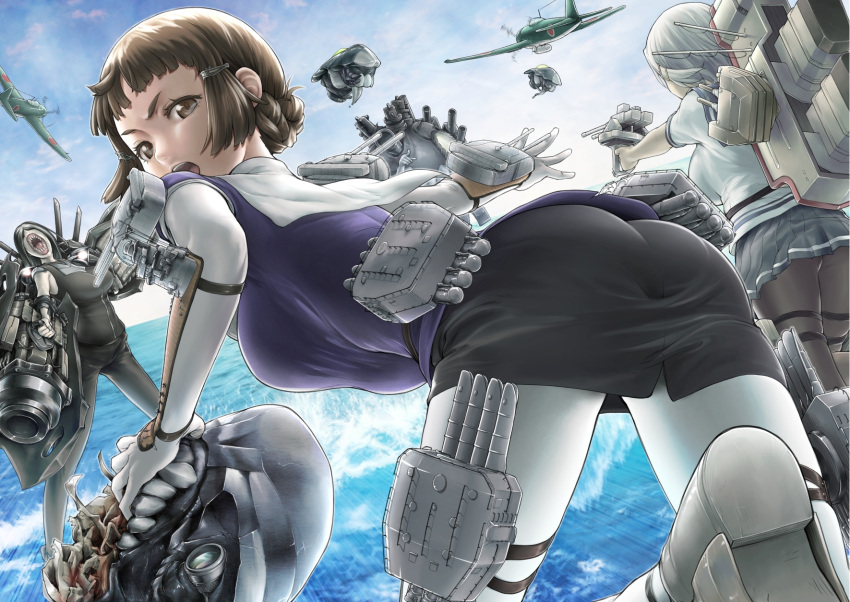 ass battle braid brown_eyes brown_hair elbow_gloves gloves hair_ornament hairclip hamakaze_(kantai_collection) highres kantai_collection leaning_forward looking_back myoukou_(kantai_collection) nujima open_mouth pantyhose plain screaming short_hair shouting skirt solo_focus walking walking_on_water water white_gloves white_legwear