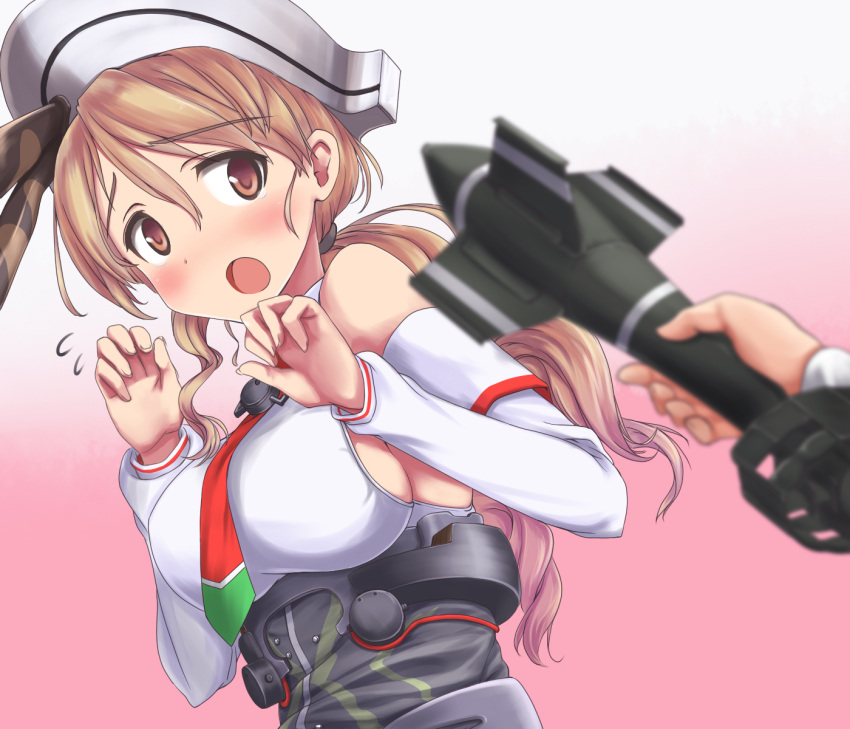 1girl :o a9b_(louis814) bare_shoulders blush bomb breasts brown_eyes detached_sleeves flying_sweatdrops giving gradient gradient_background hair_ornament headdress highres kantai_collection light_brown_hair littorio_(kantai_collection) necktie ponytail sideboob solo_focus upper_body wavy_hair