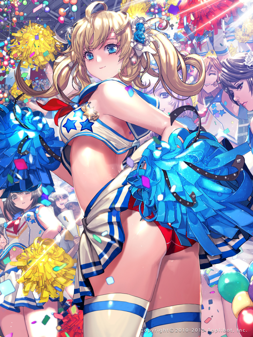 ahoge ass balloon bare_shoulders black_hair blonde_hair blue_eyes breasts cheerleader confetti crowd earrings furyou_michi_~gang_road~ hair_ornament highres jewelry long_hair looking_at_viewer midriff panties pleated_skirt pom_poms red_panties skirt smile solo_focus sparkle thigh-highs twintails under_boob underwear white_legwear xaxak