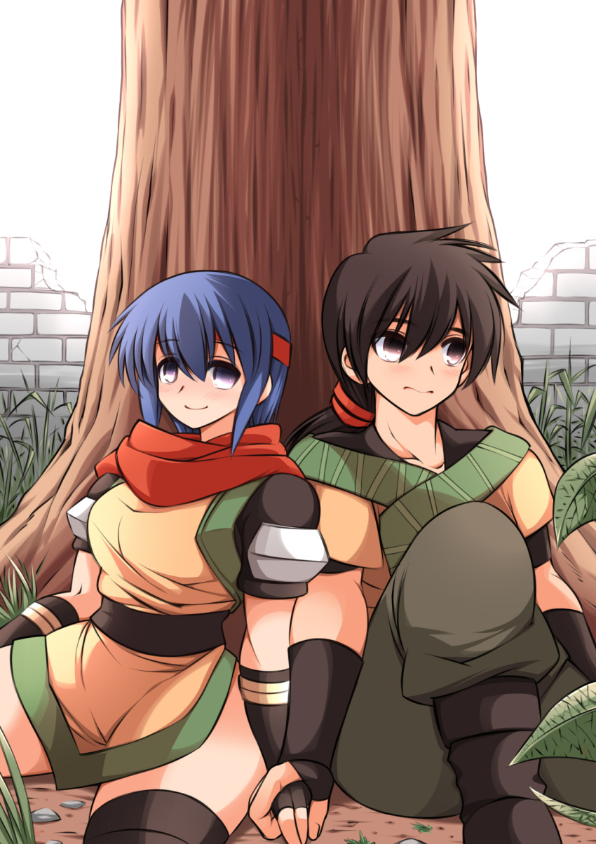 1boy 1girl 3: against_tree armor armored_dress averting_eyes bealphareth blue_eyes blue_hair blush boots breasts brown_hair curvy fingerless_gloves gloves hetero highres holding_hands large_breasts long_hair looking_at_viewer pants philia puska red_eyes scarf short_hair sitting smile thick_thighs thigh-highs thighs tree ueda_katsuhito wide_hips