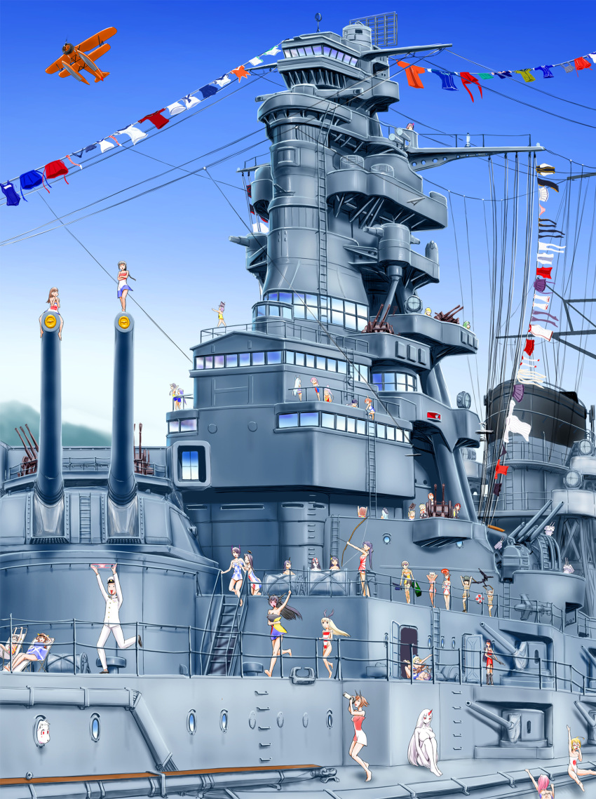 1boy 6+girls absurdres admiral_(kantai_collection) akatsuki_(kantai_collection) alternate_costume antiaircraft_weapon arare_(kantai_collection) atago_(kantai_collection) battleship battleship-symbiotic_hime black_hair bodypaint bow_(weapon) breast_smother brown_hair camera character_request chitose_(kantai_collection) clothes_theft flag fusou_(kantai_collection) girl_sandwich hairband hat hatsuharu_(kantai_collection) hayachine headgear hibiki_(kantai_collection) highres houshou_(kantai_collection) i-168_(kantai_collection) i-8_(kantai_collection) ikazuchi_(kantai_collection) inazuma_(kantai_collection) kantai_collection kirishima_(kantai_collection) kisaragi_(kantai_collection) kitakami_(kantai_collection) kongou_(kantai_collection) long_hair multiple_girls murakumo_(kantai_collection) murasame_(kantai_collection) musashi_(kantai_collection) mutsu_(kantai_collection) nagato_(battleship) nagato_(kantai_collection) northern_ocean_hime ooi_(kantai_collection) ooshio_(kantai_collection) panties rensouhou-chan ryuujou_(kantai_collection) sandwiched seaport_hime shimakaze_(kantai_collection) shinkaisei-kan ship shiratsuyu_(kantai_collection) short_hair swimsuit takao_(kantai_collection) tatsuta_(kantai_collection) tenryuu_(kantai_collection) theft towel turret underwear warship weapon yamashiro_(kantai_collection) yamato_(kantai_collection) yuudachi_(kantai_collection)