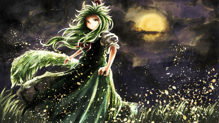 1girl ascot bow breasts claws clouds cloudy_sky darjeeling_(reley) dress ex-keine field from_below frown full_moon grass green_dress green_hair highres horn_bow horns kamishirasawa_keine long_hair looking_at_viewer looking_down moon night night_sky petals puffy_short_sleeves puffy_sleeves red_eyes short_sleeves sky solo standing tail touhou wind